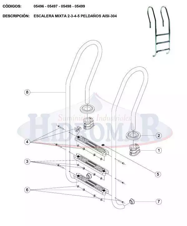 Recambio Escalera Mixta 2-3-4-5 Peldaños Aisi-304