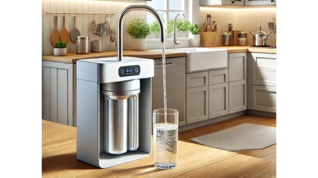 Sistema de filtrado de agua compacto instalado en una cocina moderna, reduciendo disruptores hormonales y proporcionando agua pura y saludable.