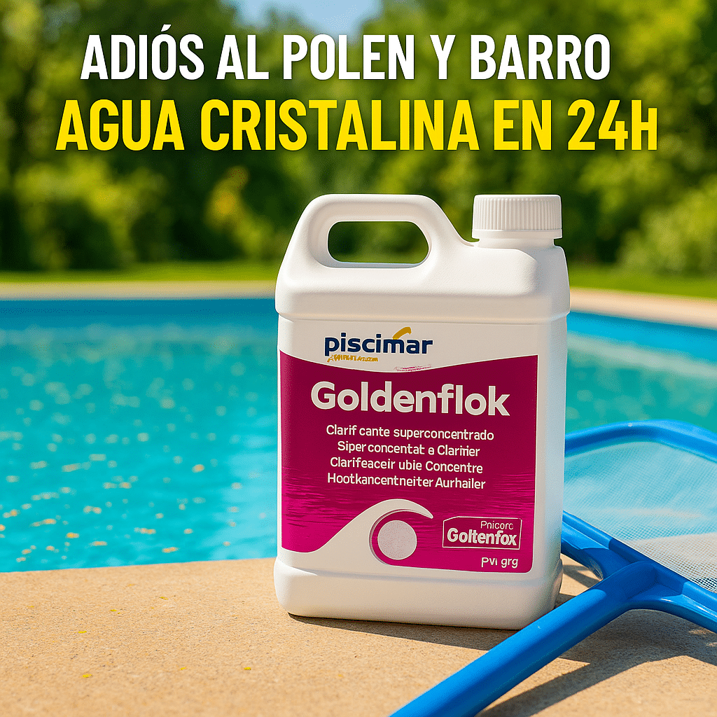 Imagen del floculante Goldenflok junto a piscina, ideal para eliminar polen y barro en suspensión
