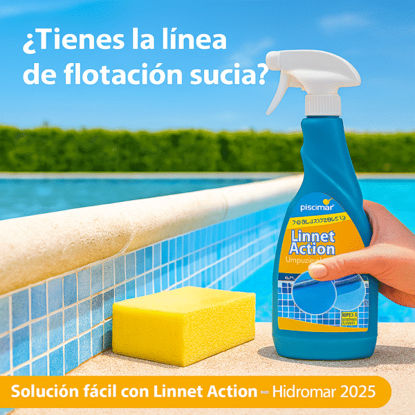 Piscina con línea de flotación sucia y limpia, solución con producto limpiador Linnet Action