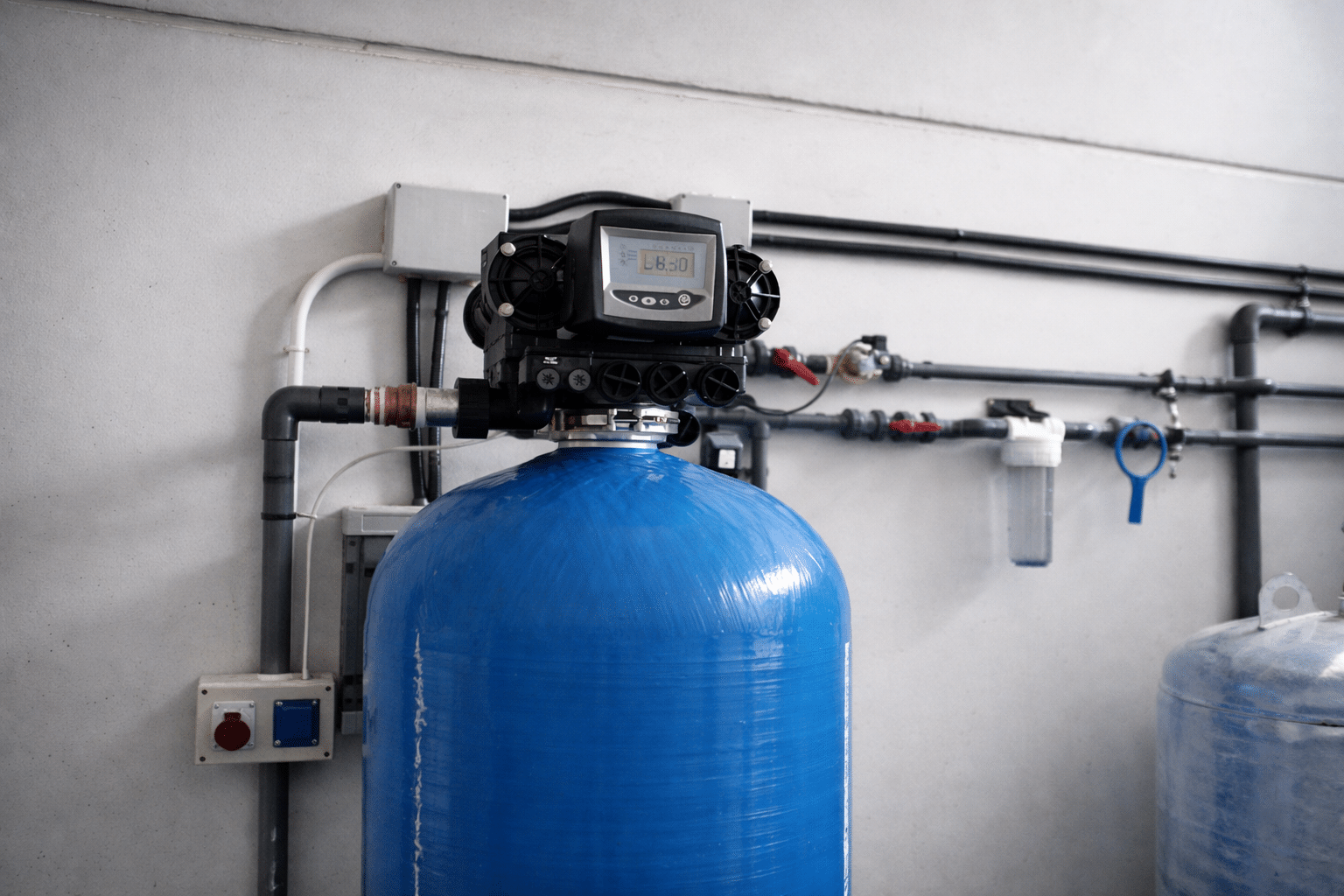 Descalcificador automático industrial instalado en sala técnica para tratamiento del agua