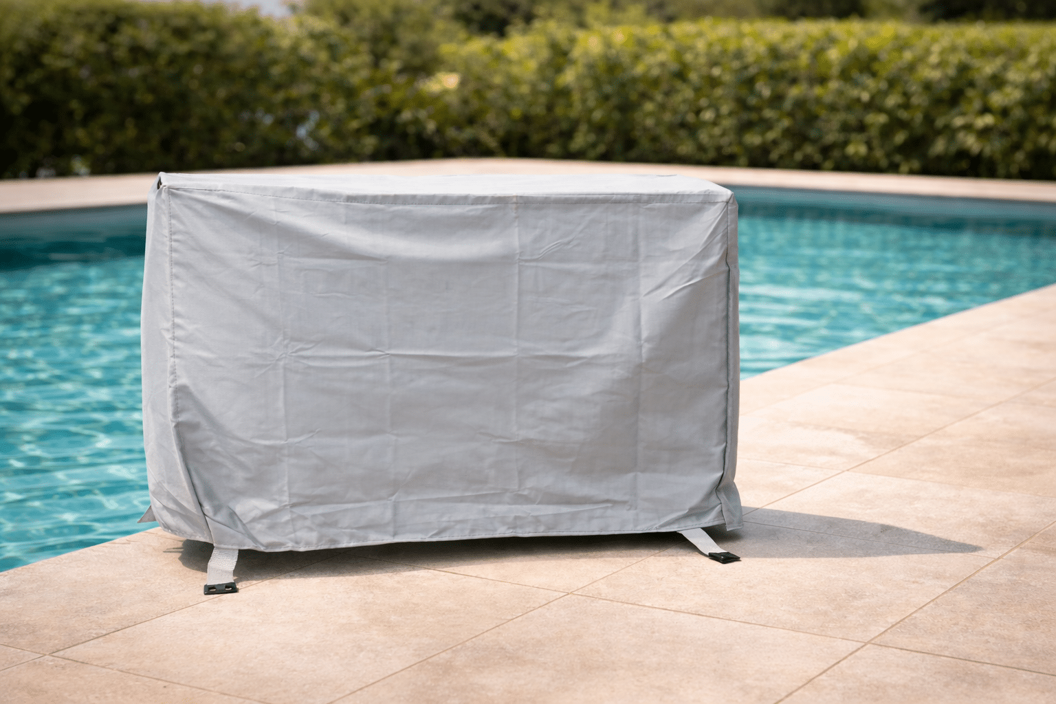Funda protectora para bomba de calor de piscina instalada en exterior junto a piscina