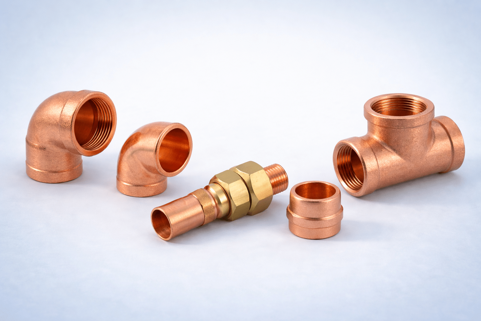 Accesorios de cobre para tuberías de agua, incluyendo codos, tes y manguitos de cobre