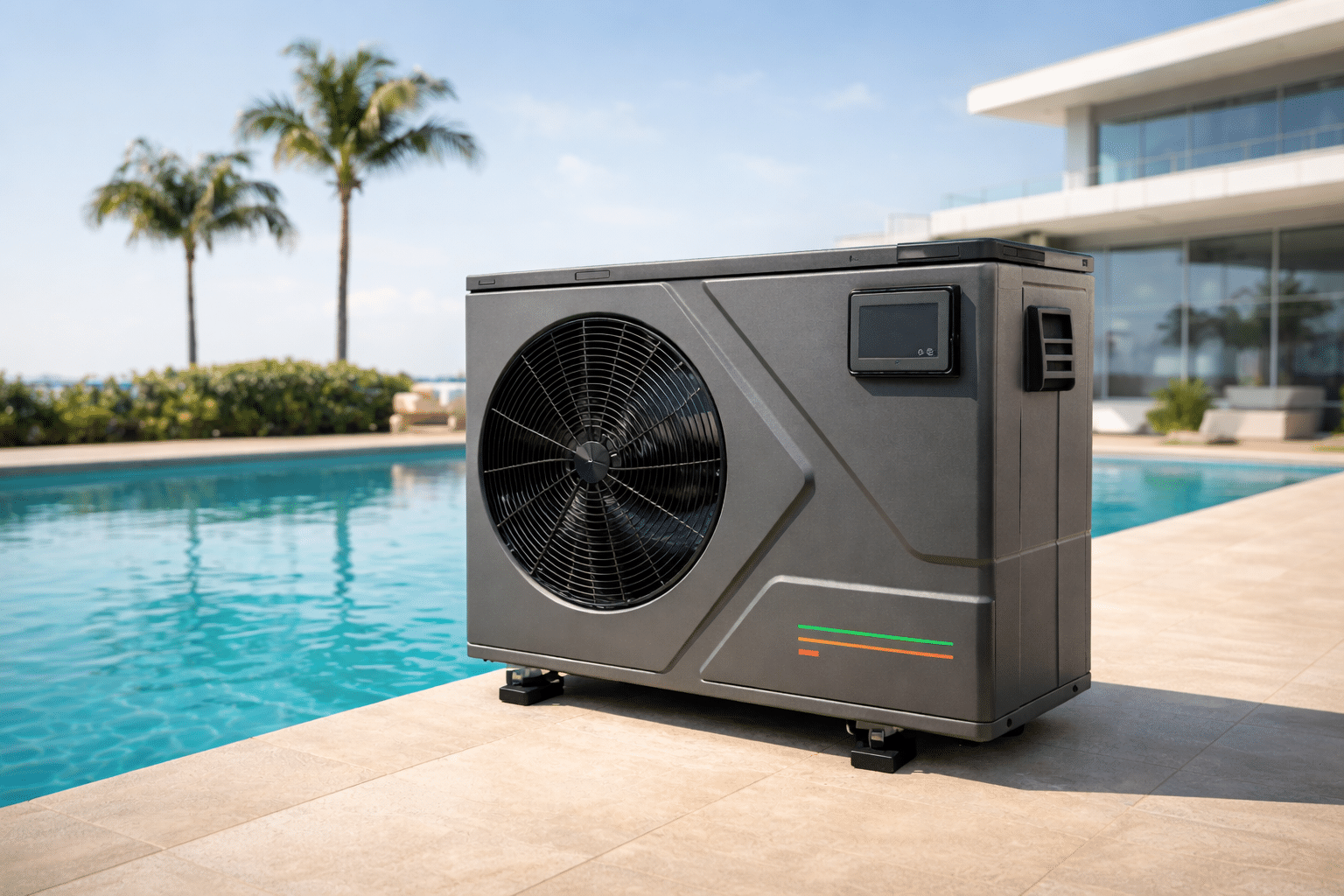 Bomba de calor para climatización eléctrica de piscina instalada junto a una piscina exterior