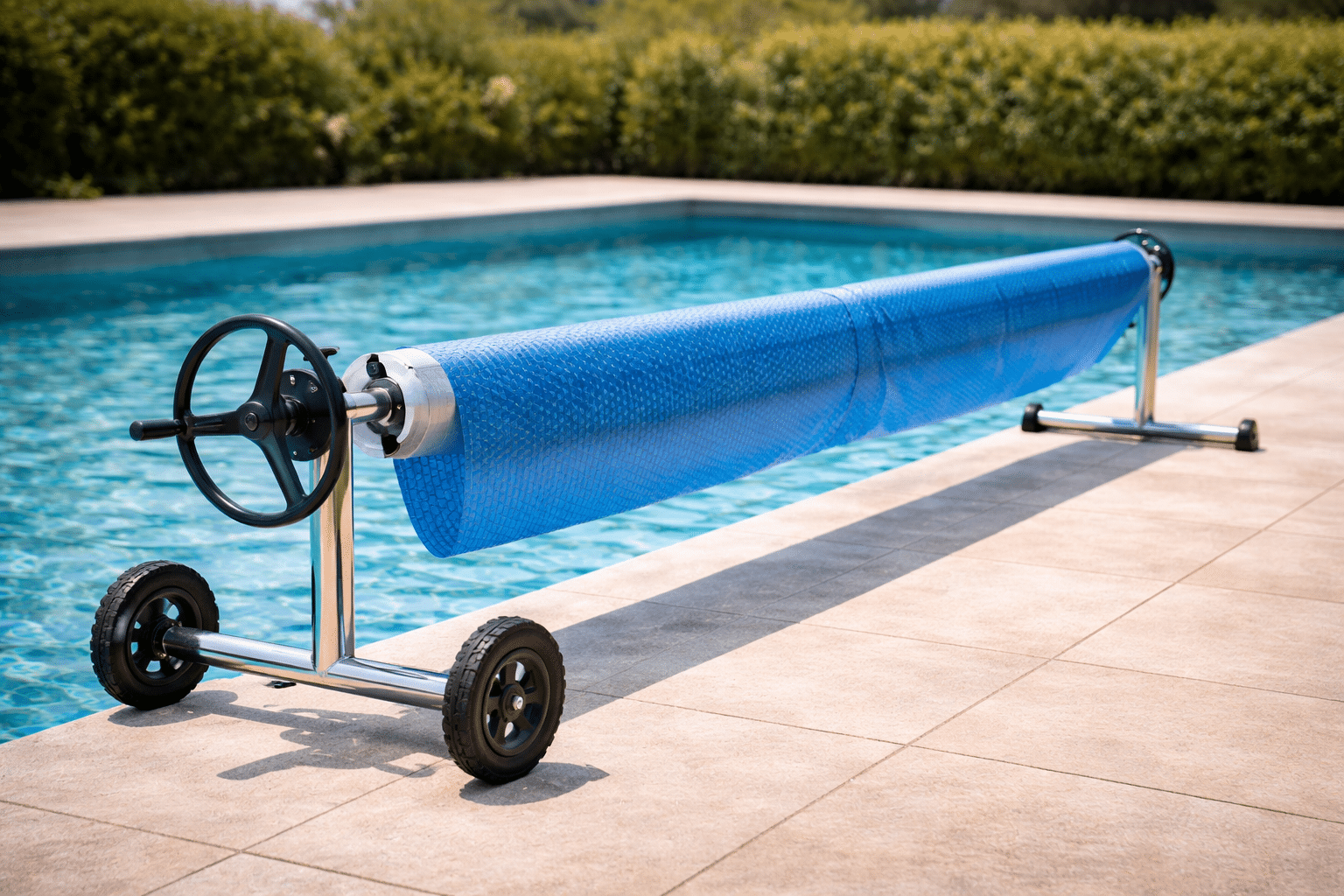 Enrollador de cubierta de verano para piscina con manta térmica instalada junto al borde de la piscina