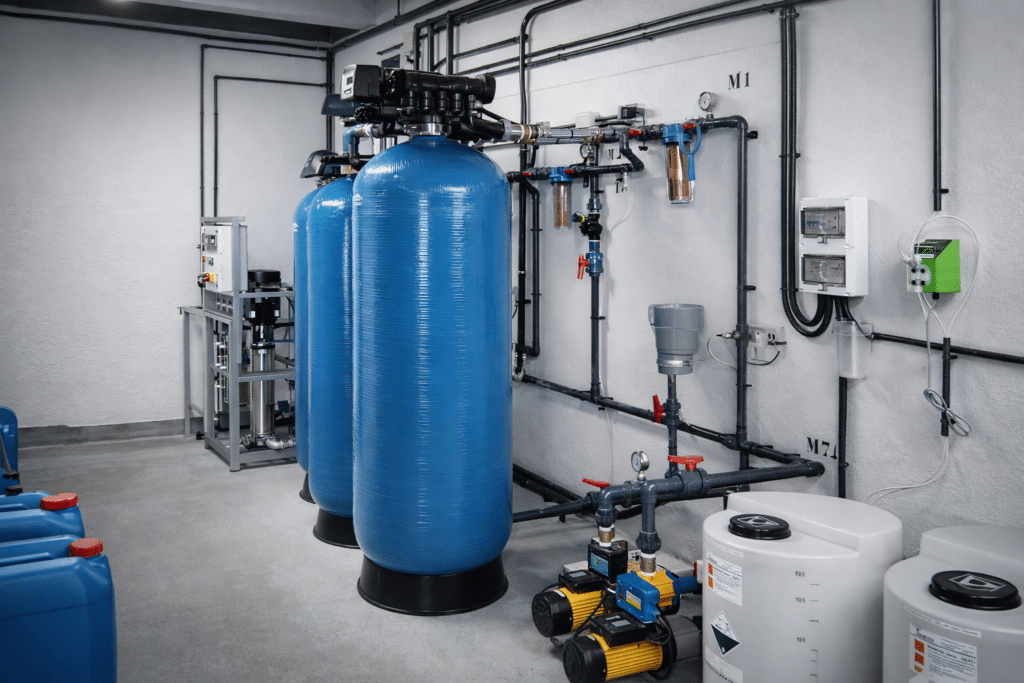 Sistema de descalcificación industrial para eliminar cal del agua en instalaciones técnicas