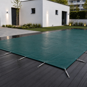 Cobertor de invierno verde beige instalado sobre piscina rectangular