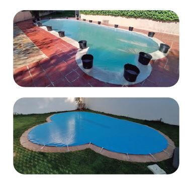 Ejemplos de plantillas y cobertores de invierno fabricados a medida para piscinas con formas irregulares